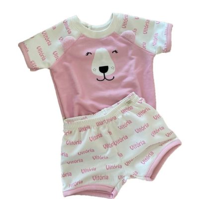 pijama infantil nas cores brancas e rosa com estampa de urso